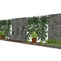 Feature Wall with Gray Stone Tiles Climbing Plants Water Fountain and Potted Plants Outdoor Pathway