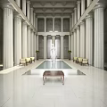 Sacred Religious Sanctuary Interior With White Columns Central Pool Statue And Green Plants