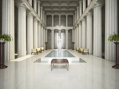 Sacred Religious Sanctuary Interior With White Columns Central Pool Statue And Green Plants 3d model