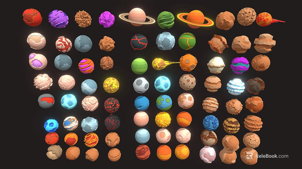 Various Colorful Planets and Celestial Models Collection with Meteoroids Different Shapes and Colors 3d model 