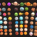 Various Colorful Planets and Celestial Models Collection with Meteoroids Different Shapes and Colors