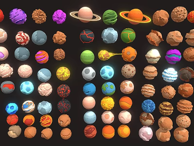 Various Colorful Planets and Celestial Models Collection with Meteoroids Different Shapes and Colors 3d model