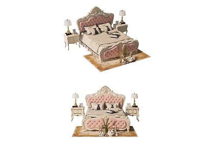 Elegant Double Bed With Ornate Headboard Bedside Tables Table Lamps And Decorative Pillows 3d model
