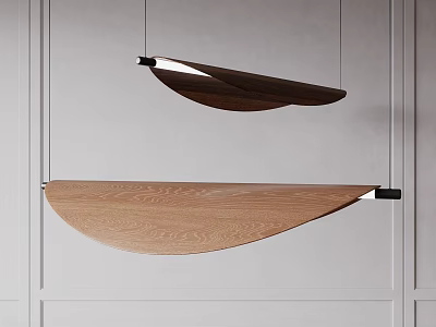 Two Wooden Curved Pendant Lights With Black Metal Accents On Light Gray Wall 3d model