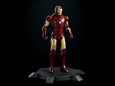 Iron Man Movie and Game Character with Red Gold Armor Standing on Black Base 3d model