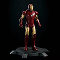 Iron Man Movie and Game Character with Red Gold Armor Standing on Black Base