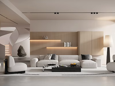 Modern Living Room Interior Design With Beige Sofa Wooden Backdrop Coffee Table And Floor Lamp 3d model