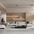 Modern Living Room Interior Design With Beige Sofa Wooden Backdrop Coffee Table And Floor Lamp