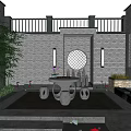 Traditional Chinese Garden Landscape With Round Lattice Window And Stone Furniture