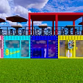 Outdoor Colorful Container Buildings With Night Sky Moon Clouds And Green Grass