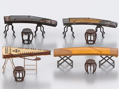 Traditional Chinese Musical Instruments with Artistic Carvings Wooden Stands and Matching Stools 3d model