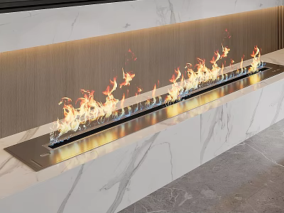 Modern Linear Marble Fireplace With Bright Burning Flames In Interior Design 3d model