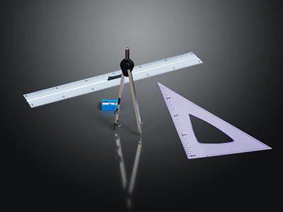 Essential Stationery Supplies Including Compass Ruler Triangle And Eraser On Black Surface 3d model