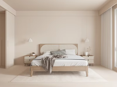Minimalist Bedroom Interior With Rattan Headboard Wooden Bed Frame Nightstands Pendant Lights And Curtains 3d model