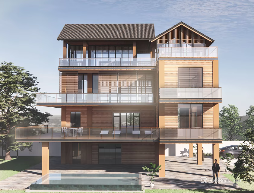 Modern Three Story Detached Villa With Wooden Structure Glass Balcony And Swimming Pool 3d model 