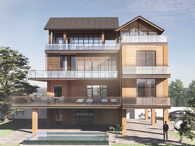 Modern Three Story Detached Villa With Wooden Structure Glass Balcony And Swimming Pool 3d model
