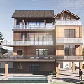Modern Three Story Detached Villa With Wooden Structure Glass Balcony And Swimming Pool