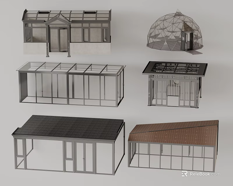 Various Outdoor Sunshade Structures With Different Roof And Glass Designs 3d model 