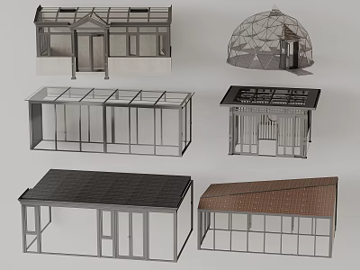 Various Outdoor Sunshade Structures With Different Roof And Glass Designs 3d model