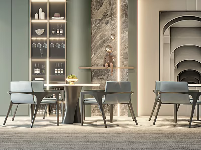 Modern Grey Leisure Chairs In Stylish Dining Room With Round Table And Decorative Wall 3d model