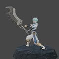 Man with light blue hair and blue eyes wearing white coat holding large detailed sword