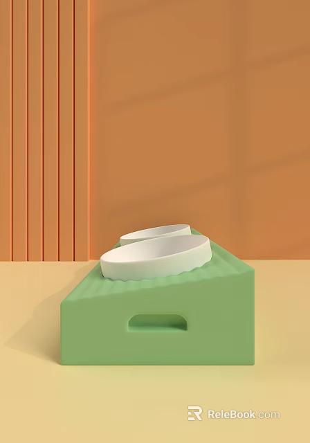 Green Tray With White Bowls On Orange Wall Background With Vertical Stripes 3d model 