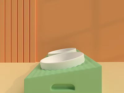 Green Tray With White Bowls On Orange Wall Background With Vertical Stripes 3d model