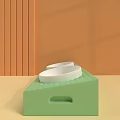 Green Tray With White Bowls On Orange Wall Background With Vertical Stripes