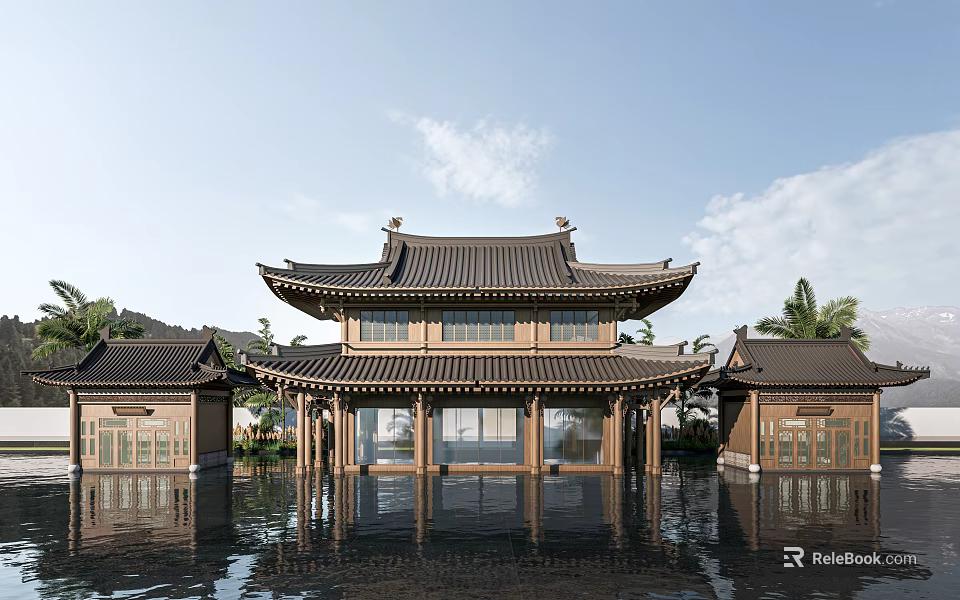 Traditional Chinese Ancient Architecture With Classic Double Eaved Roof And Wooden Frames Reflected In Water 3d model 