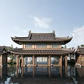 Traditional Chinese Ancient Architecture With Classic Double Eaved Roof And Wooden Frames Reflected In Water
