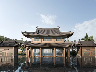 Traditional Chinese Ancient Architecture With Classic Double Eaved Roof And Wooden Frames Reflected In Water 3d model