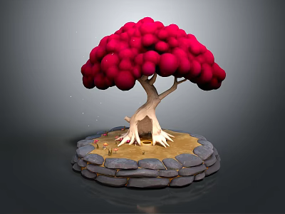 Cartoon Scene Featuring Red Tree With Exposed Trunk On Stone Platform And Sandy Ground 3d model