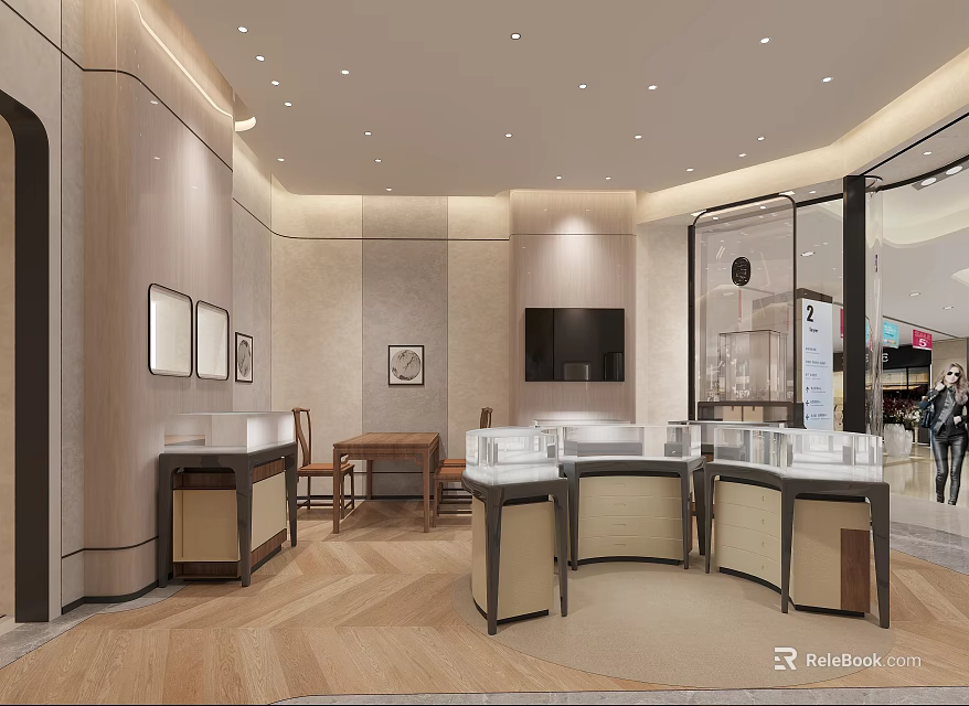 Elegant Modern Jewelry Store Interior With Glass Display Counters And Ceiling Lighting 3d model 
