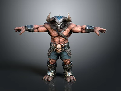 Muscular Horned Demon Warrior With Skull Decorated Armor And Bracers Standing On Dark Background 3d model