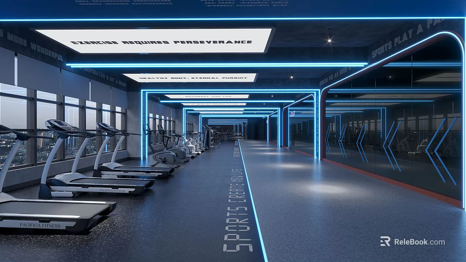 Modern Fitness Gym With Treadmills Mirrored Walls Blue Lighting And Spacious Interior 3d model 