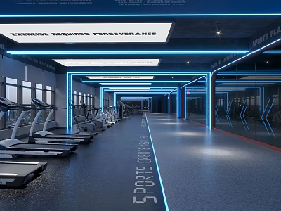 Modern Fitness Gym With Treadmills Mirrored Walls Blue Lighting And Spacious Interior 3d model