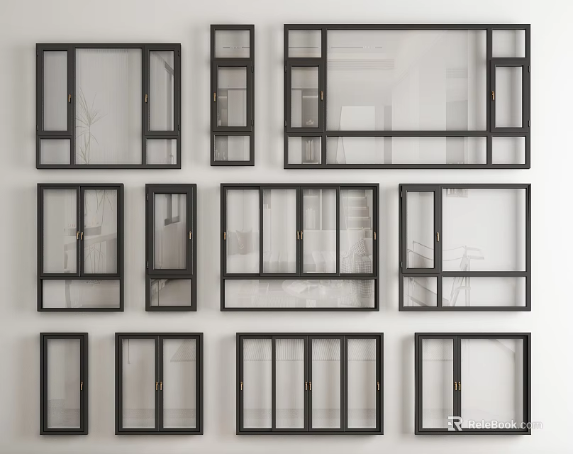 Modern Black Frame Window Collection With Various Designs And Sizes Displayed 3d model