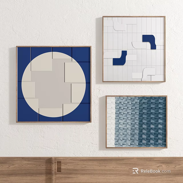 Abstract Geometric Wall Art With Blue And White Patterns Hanging On Wall 3d model