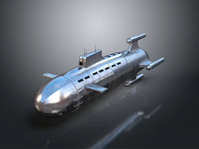 Silver Streamlined Submarine Water Vehicle 3D Model With Periscope And Propellers 3d model