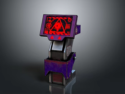 Vintage Computer Console With Purple Casing And Red Screen Displaying Geometric Symbols 3d model