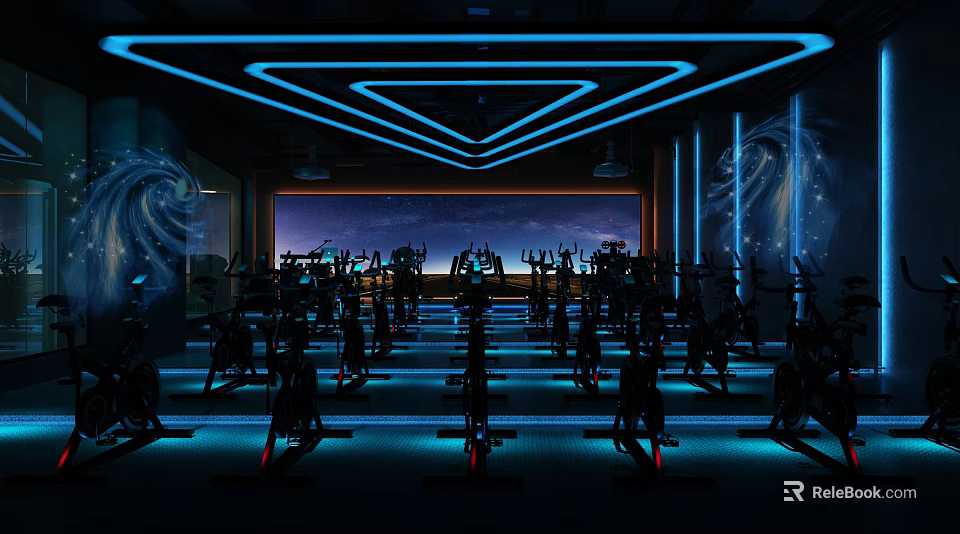 Modern Fitness Studio With Spin Bikes Blue Neon Lighting And Starry Screen Backdrop 3d model 