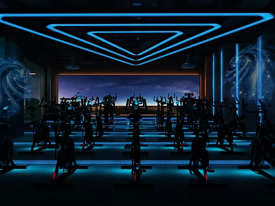 Modern Fitness Studio With Spin Bikes Blue Neon Lighting And Starry Screen Backdrop 3d model