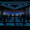 Modern Fitness Studio With Spin Bikes Blue Neon Lighting And Starry Screen Backdrop