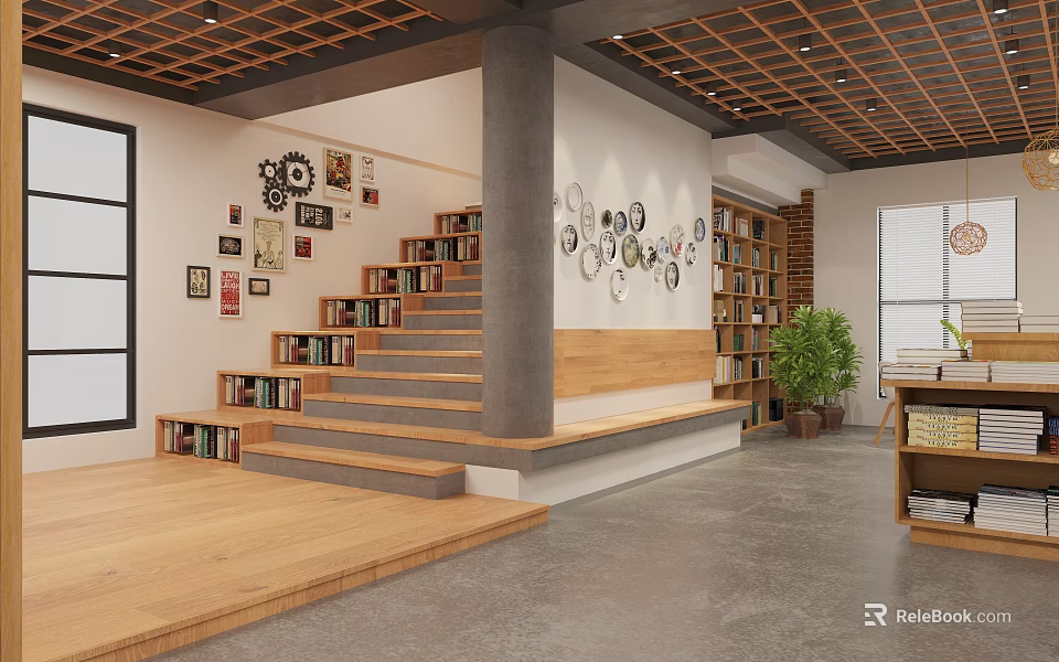 Book Centric Interior Design With Staircase Bookshelves And Art Decor 3d model 