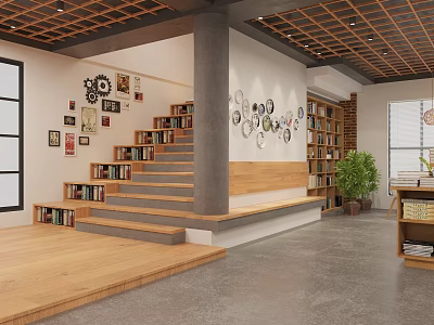 Book Centric Interior Design With Staircase Bookshelves And Art Decor 3d model