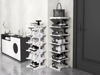 Modern Tiered White and Dark Shoe Racks With Black Handbag Entryway Storage 3d model