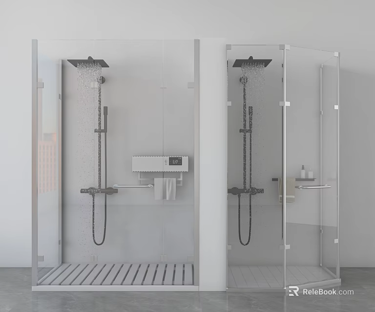 Modern Steam Shower Sauna Interior With Glass Enclosures Shower Heads Control Panels And Drainage Grids 3d model 