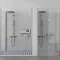 Modern Steam Shower Sauna Interior With Glass Enclosures Shower Heads Control Panels And Drainage Grids