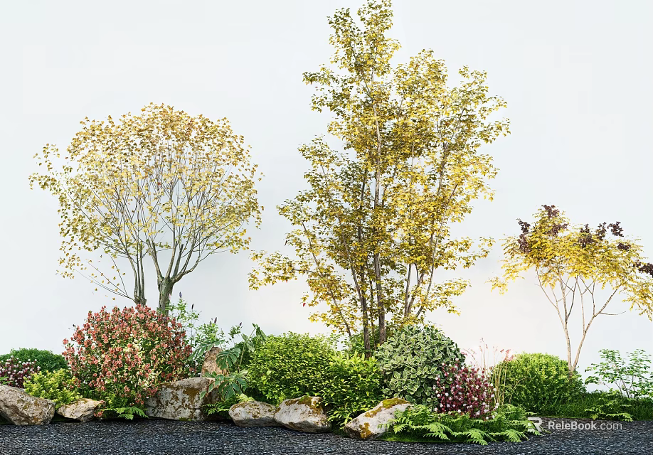 Colorful Outdoor Flower Landscape With Trees Shrubs Stones And Various Green Plants 3d model 