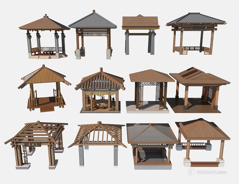 Traditional Chinese Wooden Pavilions Featuring Different Roof Styles And Structures Designs 3d model 